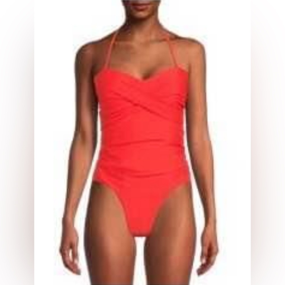 NWT Womens Catherine Malandrino One-piece Twisted Ruched Bandeau Swimsuit Fiesta